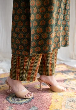 Yashi Green Ajrakh Cotton Straight Pant