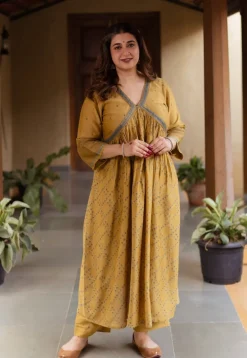 Yashi Mustard Ajrakh Chanderi Silk Straight Pant
