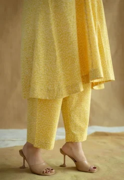 Yashi Mustard Hand Block Print Slub Cotton Straight Pant