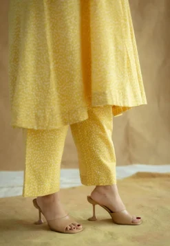Yashi Mustard Hand Block Print Slub Cotton Straight Pant
