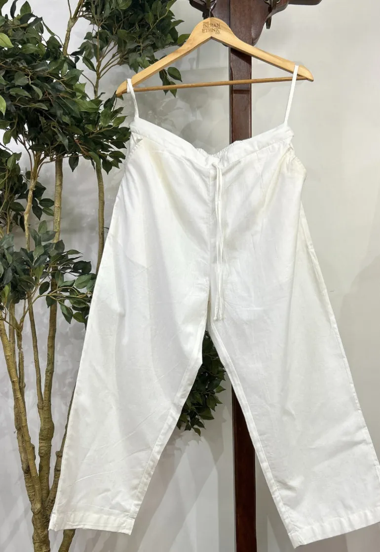 Yashi Off White Solid Cotton Straight Pant