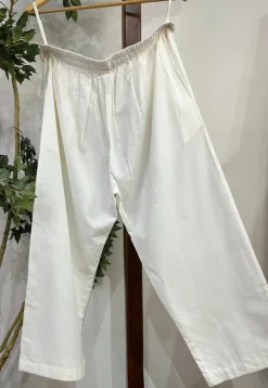 Yashi Off White Solid Cotton Straight Pant