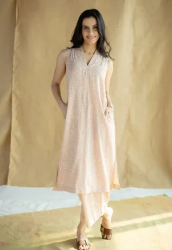 Yashi Peach Hand Block Print Slub Cotton Straight Pant
