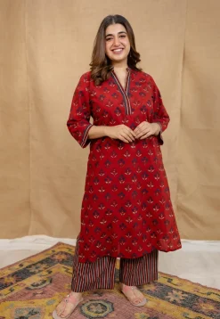 Yashi Red Ajrakh Cotton Straight Pant