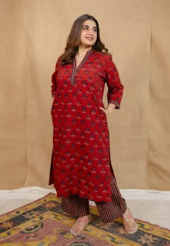 Yashi Red Ajrakh Cotton Straight Pant