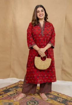 Yashi Red Ajrakh Cotton Straight Pant