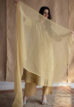 Yashi Yellow Solid Slub Cotton Straight Pant