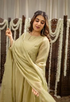 Yashika Sage Green A Line Chanderi Silk Gota Patti Kurta Set (Set of 3)