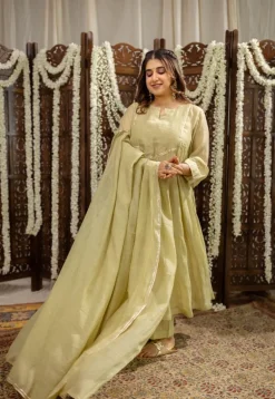 Yashika Sage Green A Line Chanderi Silk Gota Patti Kurta Set (Set of 3)