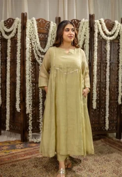 Yashika Sage Green A Line Chanderi Silk Gota Patti Kurta Set (Set of 3)