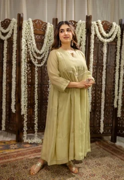 Yashika Sage Green A Line Chanderi Silk Gota Patti Kurta Set (Set of 3)