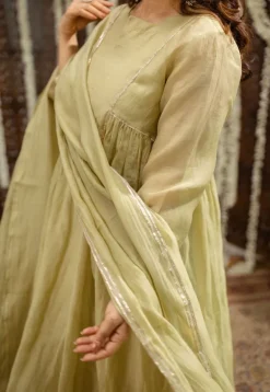 Yashika Sage Green A Line Chanderi Silk Gota Patti Kurta Set (Set of 3)