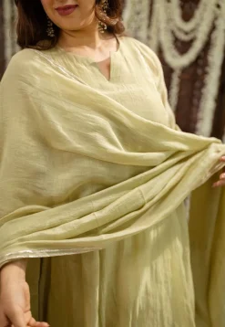 Yashika Sage Green A Line Chanderi Silk Gota Patti Kurta Set (Set of 3)