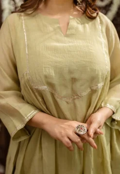 Yashika Sage Green A Line Chanderi Silk Gota Patti Kurta Set (Set of 3)