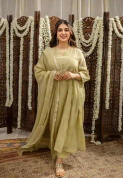 Yashika Sage Green A Line Chanderi Silk Gota Patti Kurta Set (Set of 3)