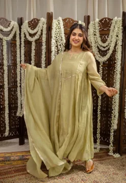 Yashika Sage Green A Line Chanderi Silk Gota Patti Kurta Set (Set of 3)