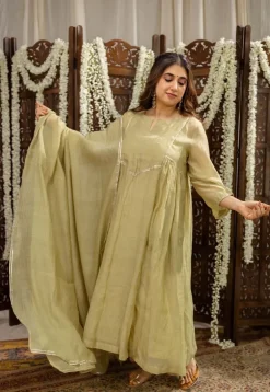 Yashika Sage Green A Line Chanderi Silk Gota Patti Kurta Set (Set of 3)