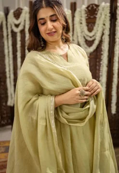 Yashika Sage Green A Line Chanderi Silk Gota Patti Kurta Set (Set of 3)