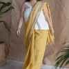 Yellow Checks Dabu Linen Silver Zari Border Saree