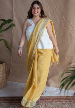 Yellow Checks Dabu Linen Silver Zari Border Saree
