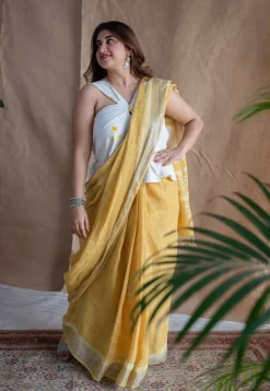 Yellow Checks Dabu Linen Silver Zari Border Saree