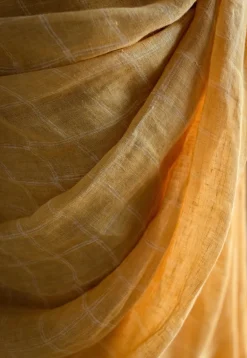 Yellow Checks Dabu Linen Silver Zari Border Saree
