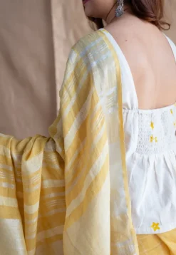 Yellow Checks Dabu Linen Silver Zari Border Saree