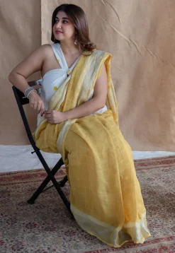 Yellow Checks Dabu Linen Silver Zari Border Saree