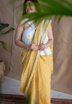 Yellow Checks Dabu Linen Silver Zari Border Saree