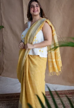 Yellow Checks Dabu Linen Silver Zari Border Saree