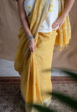 Yellow Checks Dabu Linen Silver Zari Border Saree