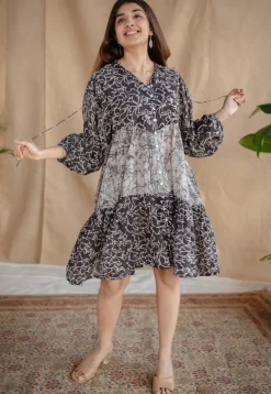 Yuvani Charcoal Batik MulMul Cotton Loose Dress with Slip