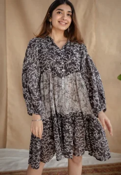 Yuvani Charcoal Batik MulMul Cotton Loose Dress with Slip