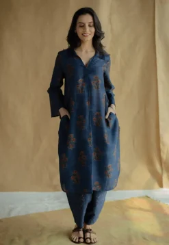 Zafreen Dark Indigo Ajrakh Chanderi Silk A Line Kurta with Hand Embroidery