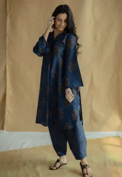 Zafreen Dark Indigo Ajrakh Chanderi Silk A Line Kurta with Hand Embroidery