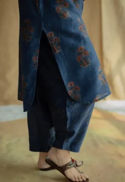 Zafreen Dark Indigo Ajrakh Chanderi Silk A Line Kurta with Hand Embroidery