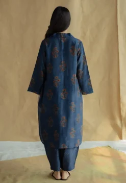 Zafreen Dark Indigo Ajrakh Chanderi Silk A Line Kurta with Hand Embroidery