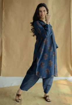 Zafreen Dark Indigo Ajrakh Chanderi Silk A Line Kurta with Hand Embroidery