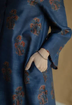 Zafreen Dark Indigo Ajrakh Chanderi Silk A Line Kurta with Hand Embroidery