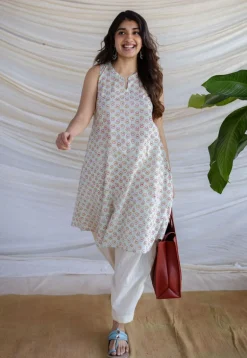 Zeeya Powder Blue Sanganeri Cotton A Line Kurta