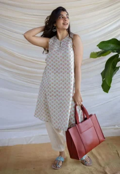 Zeeya Powder Blue Sanganeri Cotton A Line Kurta