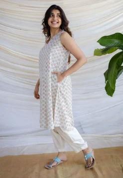 Zeeya Powder Blue Sanganeri Cotton A Line Kurta