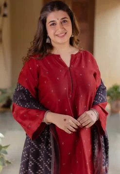 Zehra Madder Ajrakh Chanderi Silk A Line Kurta with Hand Embroidery