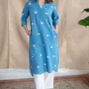 Zerah Blue Straight Dabu Slub Cotton Kurta with Hand Embroidery