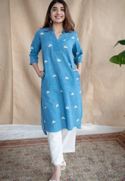 Zerah Blue Straight Dabu Slub Cotton Kurta with Hand Embroidery