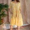 Zinat Yellow Dabu Slub Cotton A Line Dress with Embroidery