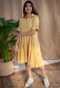 Zinat Yellow Dabu Slub Cotton A Line Dress with Embroidery