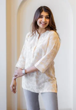 Zinia Beige Hand Block Print Slub Cotton Straight Short Top