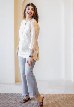 Zinia Beige Hand Block Print Slub Cotton Straight Short Top