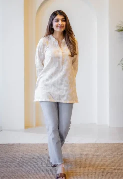 Zinia Beige Hand Block Print Slub Cotton Straight Short Top